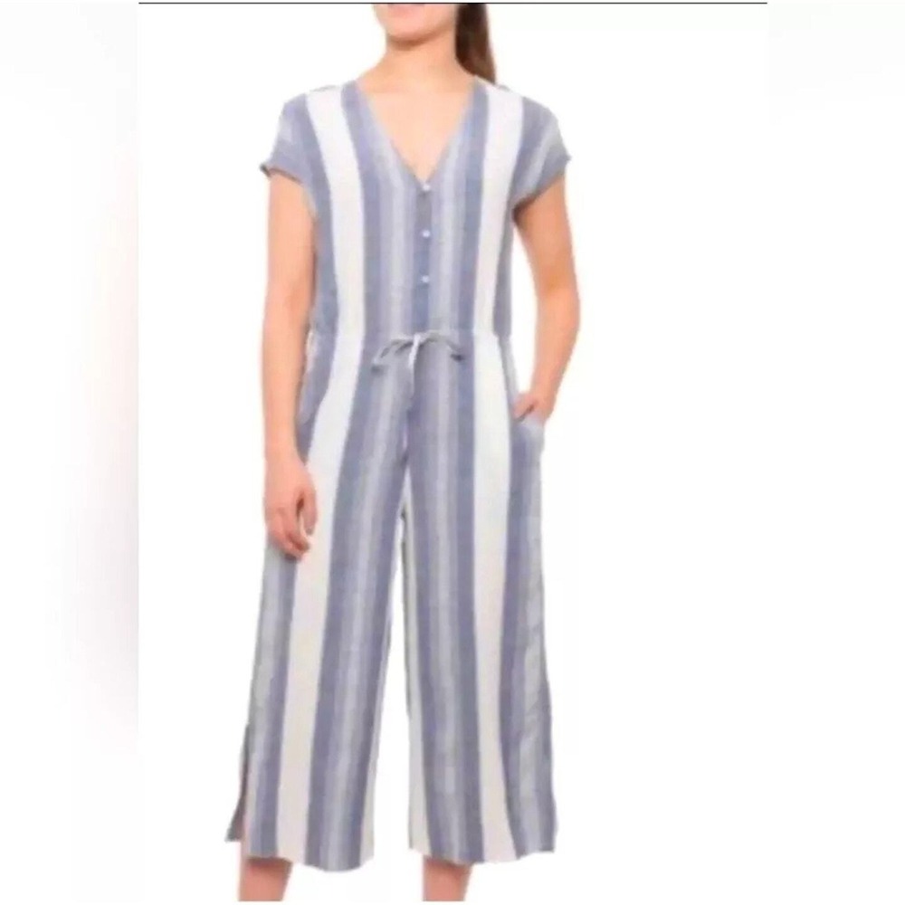 Cloth & Stone Blue White Striped Linen‎ WideLeg Jumpsuit Small Beachy Coastal